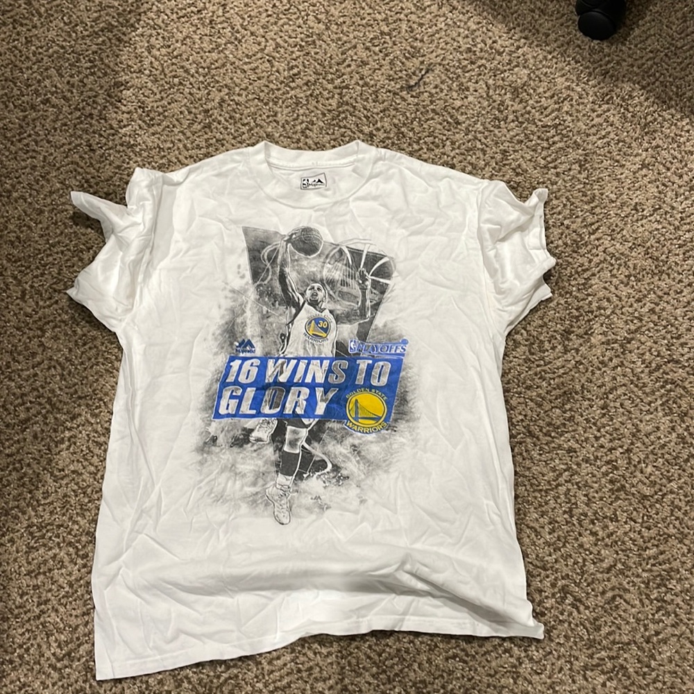 White Golden State Warrior shirt, size medium